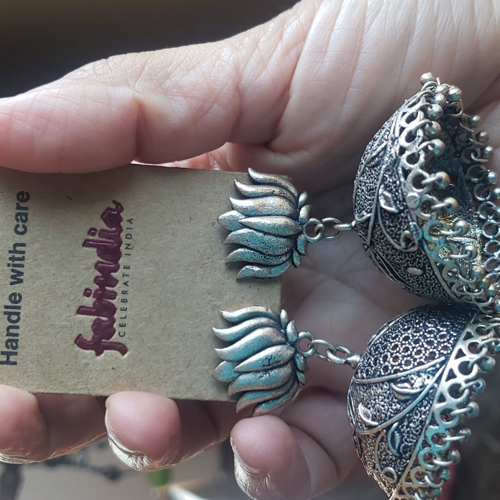 fabindia Silver Oxidized Jhumka Earrings